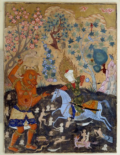 Islamitische kunst: Pagina van een falnama: Iman Reza vecht tegen een Div door Islamic School
