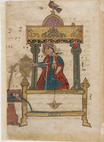 Handwasautomaat met spoelmechanisme, folio uit Het Boek van Ingenieuze Mechanische Apparaten; door Al-Djazari, 1315 door Islamic School