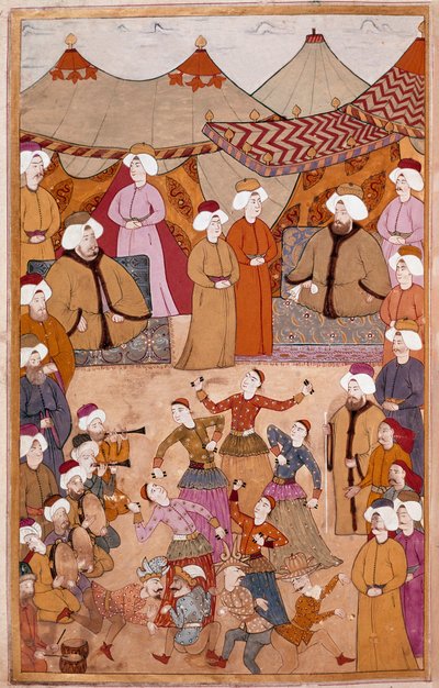 Islamitische Kunst: Dans voor het plezier van Sultan Ahmet III (1673-1736) Gouache op Levni papier uit Surnama (bijnaam i) Vehbi) Begin 18e eeuw Topkapi Saray Museum, Istanbul door Islamic School