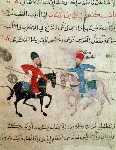 Islamitische kunst: tekening op perkament uit de Fatimidische periode (10e-11e eeuw) - Duel tussen twee ruiters door Islamic School