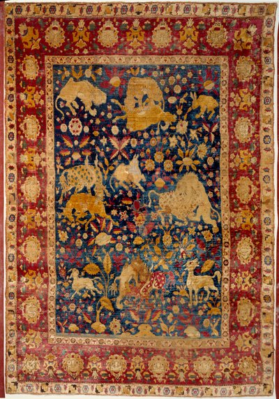 Islamitische kunst: zijden tapijt met dierendecoratie 