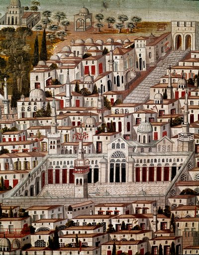 Islamitische kunst: Zicht op Damascus met de Grote Moskee van de Omajjaden van Damascus. Anonieme Syrische schildering van de 17e eeuw. Syrië, Damascus, Azempaleis door Islamic School