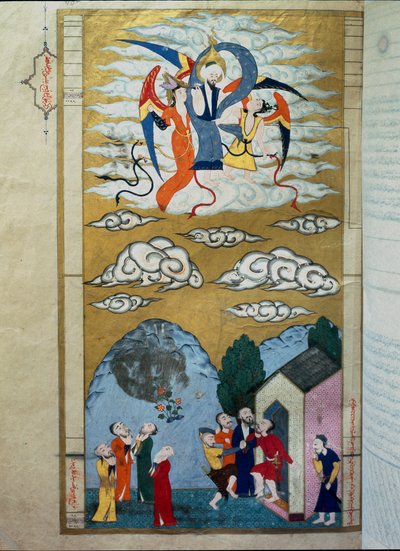 Islamitische voorstelling van de Hemelvaart van de Profeet Isa (Isa ibn Marym: Jezus) Miniatuur uit het manuscript 
