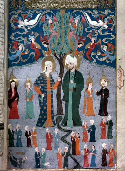 Islamitische voorstelling van Adam en Eva. Miniatuur uit het manuscript 