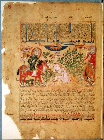 Ms. Arabe 2964 fol.19 De dokter Anoromachus geneest zijn broer die door een slang is gebeten, uit Verhandeling over Theriak naar Galenus, 1217 door Islamic School