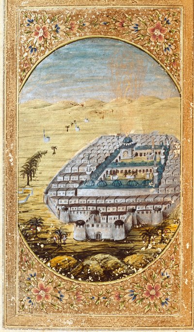 Zicht op Mekka (La Mekke), plaats van de moslimbedevaart, en de vlaktes van de berg Arafat (Arafah), Saoedi-Arabië. Pagina uit een editie van de Koran door Islamic School
