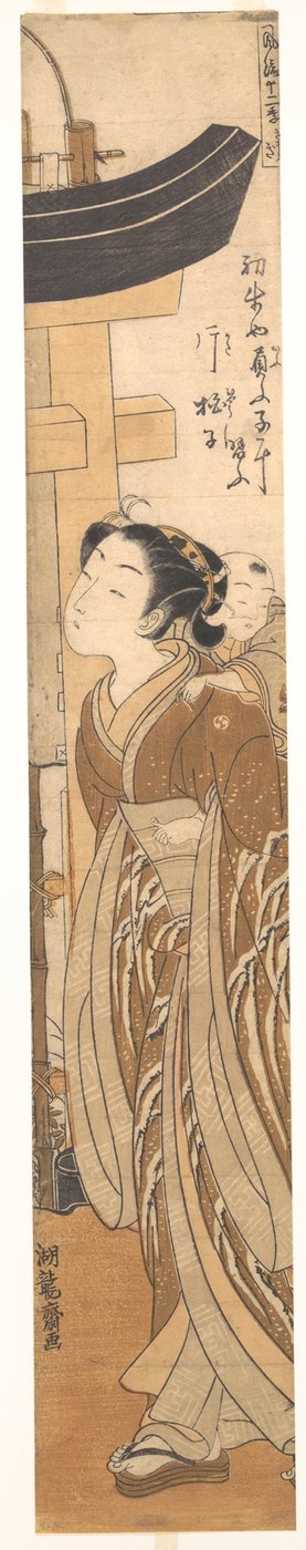 Eine Frau mit einem Kind auf dem Rücken nahe dem Eingang zu einem Tempel door Isoda Koryusai