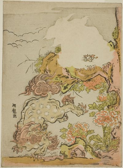 Chinese leeuwen en pioenen door Isoda Koryusai