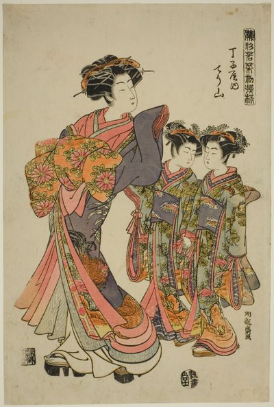 Chozan van de Chojiya, uit de serie "Modellen voor mode: Nieuwe ontwerpen zo fris als jonge bladeren (Hinagata wakana hatsu moyo)" door Isoda Koryusai