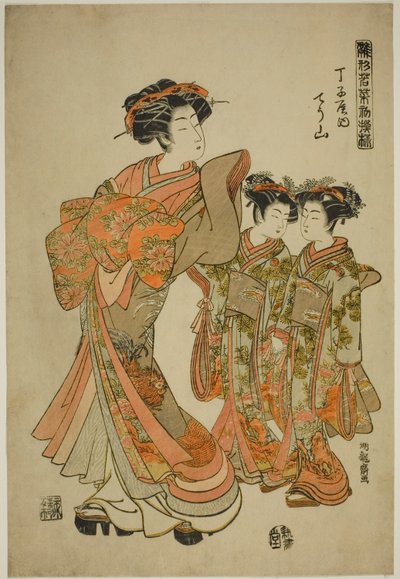 Chozan van de Chojiya, uit de serie "Modellen voor Mode: Nieuwe Ontwerpen zo Fris als Jonge Bladeren (Hinagata wakana hatsu moyo)" door Isoda Koryusai
