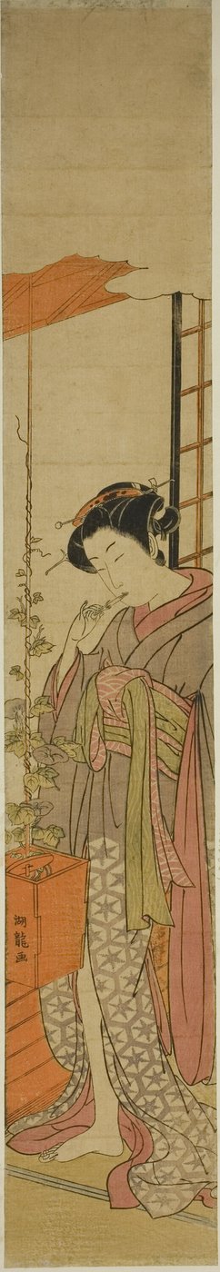 Courtisane Bewondert Morgenroosjes terwijl ze Haar Tanden Reinigt door Isoda Koryusai