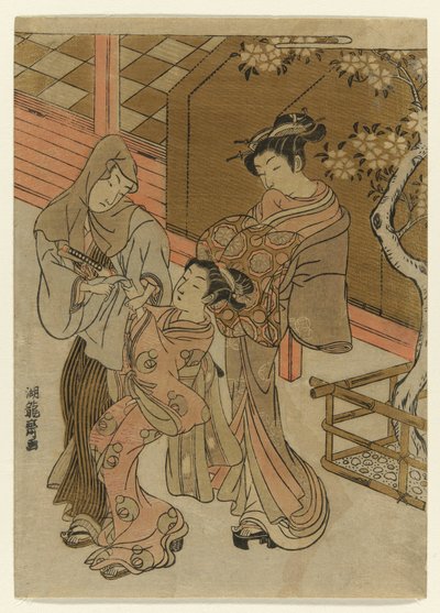 Courtisane die haar Bediende Bekijkt die een Man met Kap Ophoudt door Isoda Koryusai