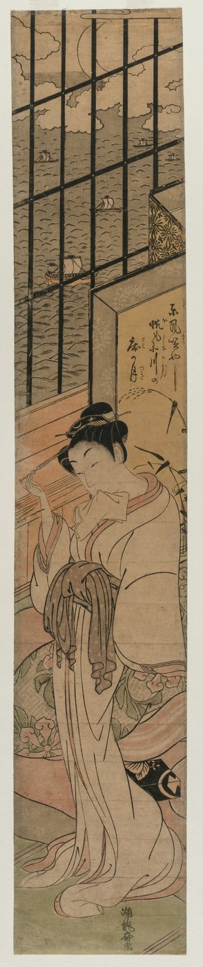 Courtisane in een Kamer met Uitzicht op de Baai van Edo door Isoda Koryusai
