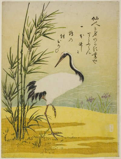 Kraanvogel, bamboe en iris door Isoda Koryusai