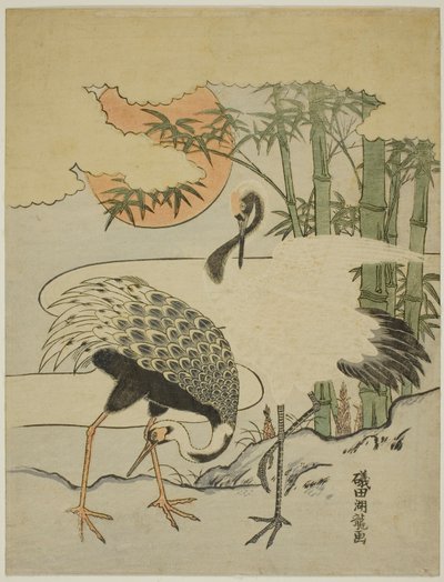 Kraanvogels en bamboe door Isoda Koryusai