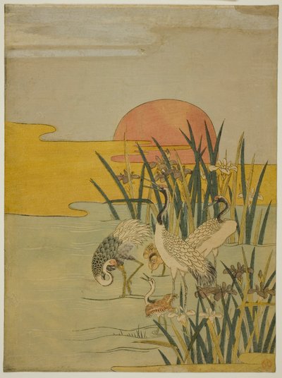 Kraanvogels in een irisbassin bij zonsopgang door Isoda Koryusai