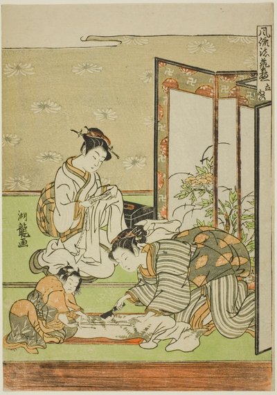 Knippen en Naaien (Tachinui), uit de serie "Verzameling van Modieuze Vaardigheden (Furyu shogei zukushi)" door Isoda Koryusai