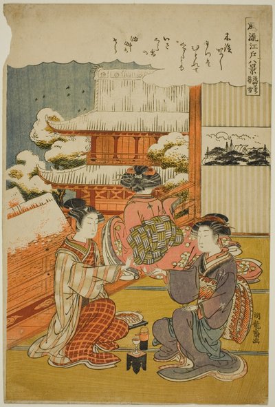 Avondsneeuw bij de Sensoji-tempel, uit de serie "Acht modieuze uitzichten van Edo" door Isoda Koryusai
