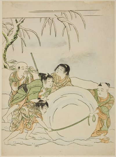 Vijf jonge jongens die een grote sneeuwbal rollen door Isoda Koryusai