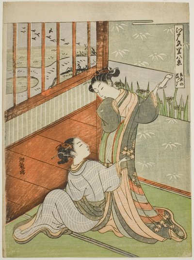 Ganzen dalen neer bij Yoshiwara (Yoshiwara no rakugan), uit de serie "Acht Zichten van de Edo Plezierwijken (Edo irozato hakkei)" door Isoda Koryusai