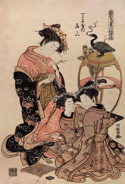 Japanse courtisane in kimono met een kopje thee door Isoda Koryusai