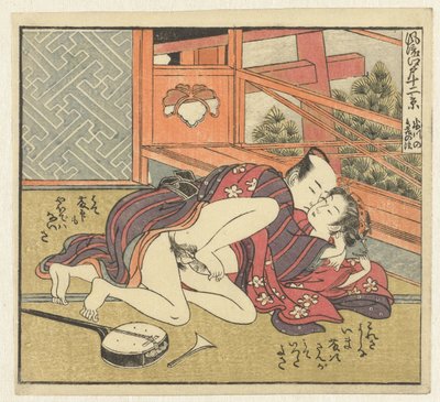 Liefdespaar bij shamisen door Isoda Koryusai