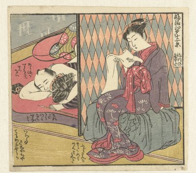 Liefdespaar en lezende vrouw door Isoda Koryusai