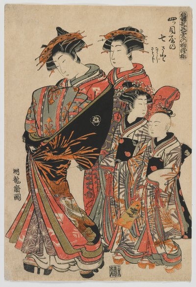 Modellen voor mode: Nieuwe ontwerpen als frisse jonge bladeren: De courtisane Nanasato van de Yotsumeya met haar bedienden Nanaji en Satoji, Edo periode door Isoda Koryusai