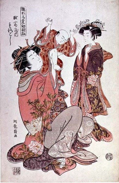 De Courtisane Morokoshi van Echizan met kind en bediende door Isoda Koryusai