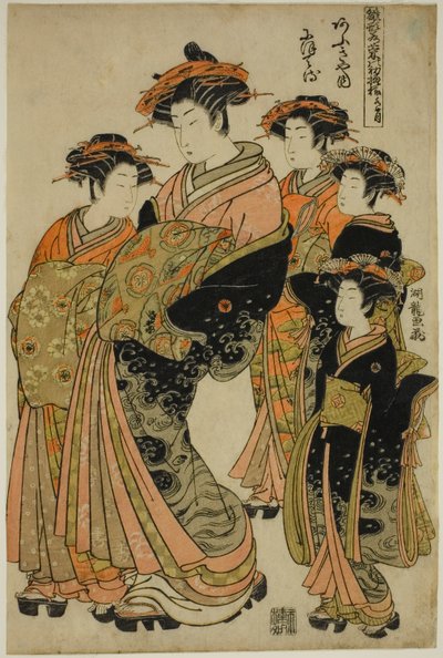 De zesde maand (Minazuki): Nioteru van de Ogiya, uit de serie "Modellen voor mode: Nieuwe ontwerpen zo fris als jonge bladeren" door Isoda Koryusai