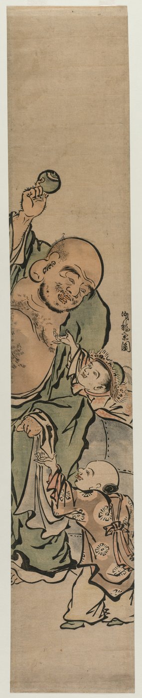 Twee kinderen die Hotei om een juweel smeken, ca. 1770s door Isoda Koryusai