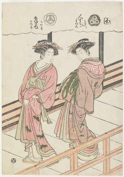 Twee courtisanes op een veranda, 1777 door Isoda Koryusai