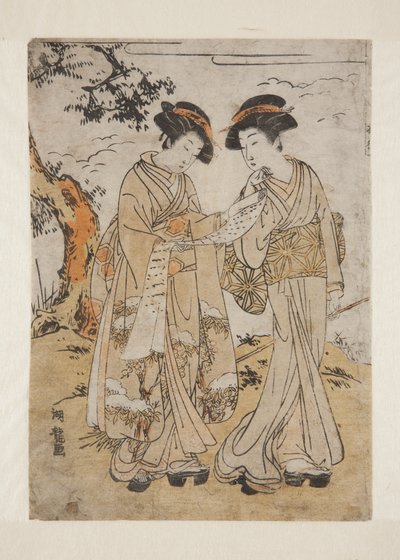 Twee vrouwen lezen een brief door Isoda Koryusai