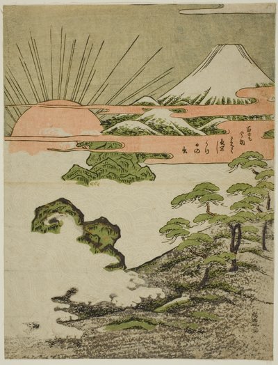 Zicht op de berg Fuji bij zonsopgang op nieuwjaarsdag door Isoda Koryusai