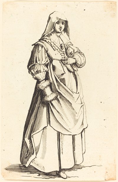 Bourgeoise met mof, naar rechts gericht door Israel Henriet after Jacques Callot