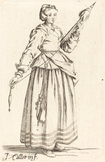 Jonge vrouw met spinrokken, naar rechts gericht door Israel Henriet after Jacques Callot