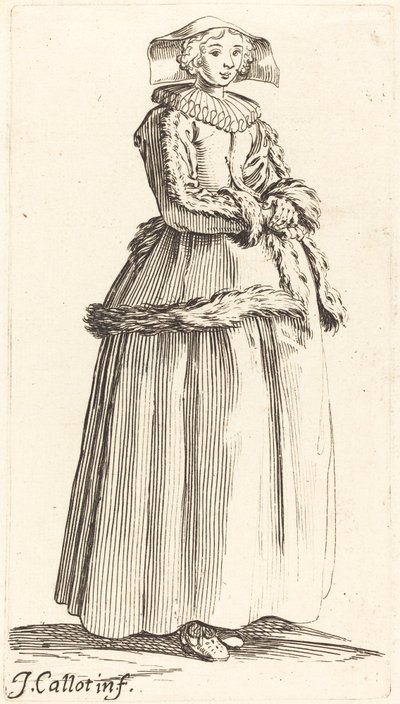 Jonge Vrouw met Gevouwen Handen, Naar Rechts door Israel Henriet after Jacques Callot