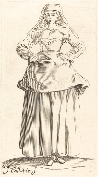 Jonge Vrouw met Handen op de Heupen, Vooraanzicht door Israel Henriet after Jacques Callot