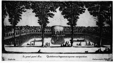 Het grote waterplein van Château de la Rochefoucauld in Liancourt; door Israël door Israel the Younger Silvestre