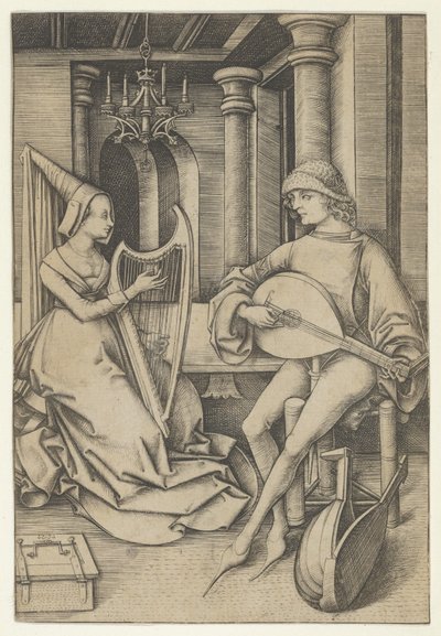 Luitspeler en harpist, uit Scènes uit het dagelijks leven, n.d. door Israhel van Meckenem