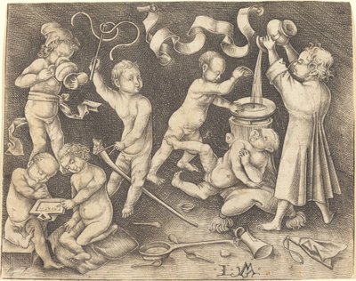Zeven kinderen aan het spelen, ca. 1490 door Israhel van Meckenem