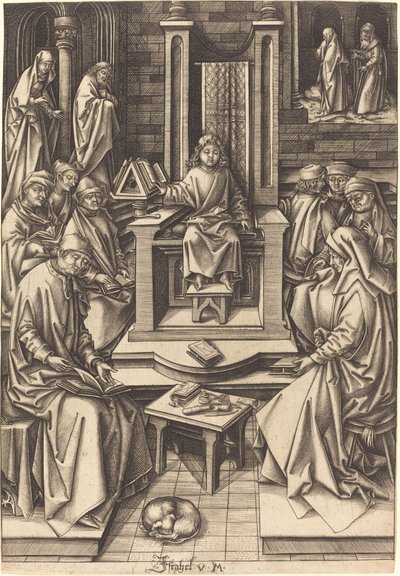 Christus onder de Dokters door Israhel van Meckenem after Hans Holbein the Elder