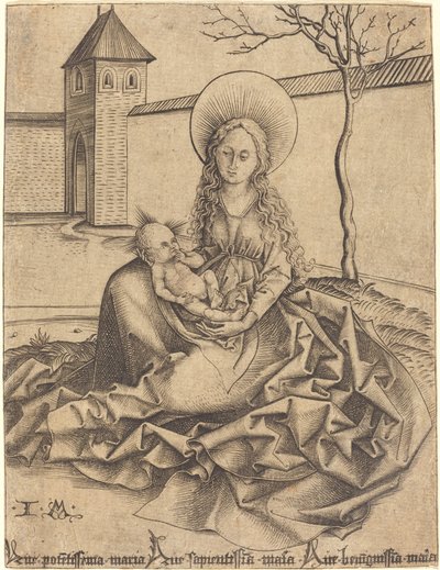 Maagd en Kind in een Binnenplaats door Israhel van Meckenem after Martin Schongauer