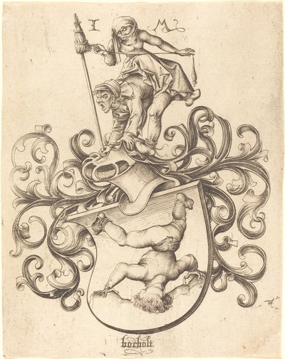 Wapenschild met tuimelende jongen door Israhel van Meckenem after Master of the Housebook
