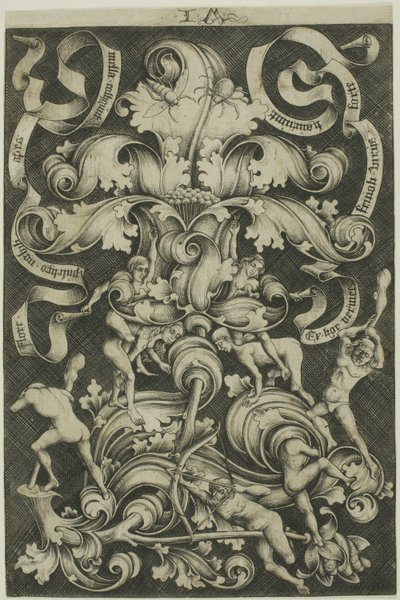 Ornament met bloem en acht wilde mensen door Israhel van Meckenem the younger