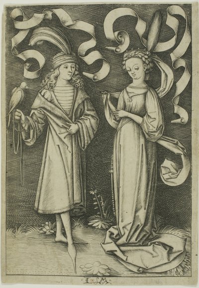 De valkenier en de dame door Israhel van Meckenem the younger