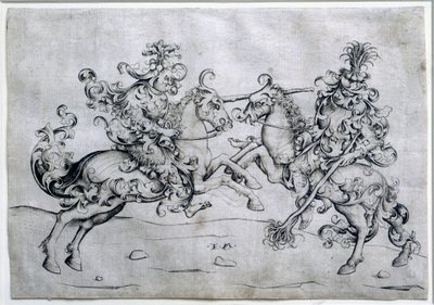 Twee ruiters spelen. Spel van twee mannen te paard. Tekening door Israel Van Meckenem (ca. 1440-1503). Louvre Museum door Israhel van the younger Meckenem