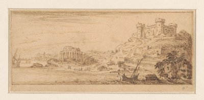 Kustgezicht met rechts een schipper in een zeilschip (Ontwerpen voor een prentreeks met kustlandschappen) door Israël Silvestre