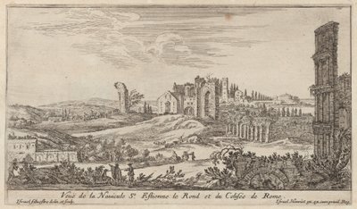 Veuë de la Navicule St. Estienne le Rond et du Colisée de Rome door Israël Silvestre