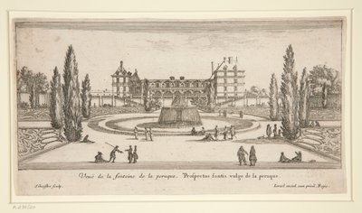 Uitzicht op Chateau Liencourt: Een binnenplaats met een fontein door Israël Silvestre
